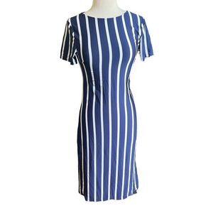 Navy Blue White Stretchy Short Sleeve MIDI Knee Length Pencil Bodycon Dress